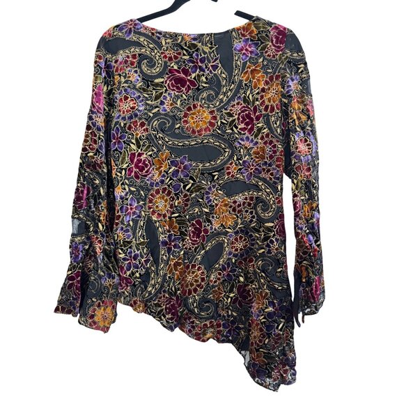 Coldwater Creek Velvet Floral Paisley Asymmetric Hem Blouse S Black Gold Purple - Picture 3 of 3